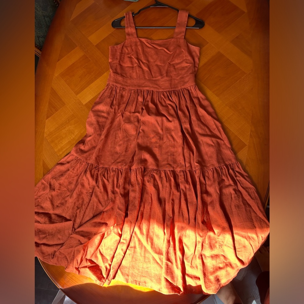 Ann Taylor Women’s 0 Red Linen Midi Dress Sleeveless Tiered Summer Beach